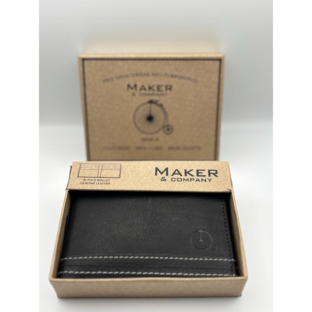 Maker & Company Leather Bifold Wallet. Black with White Stitching. New with Box